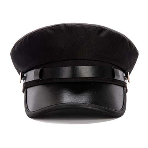 Women's Yacht Captain Sailor Hat, PU Material Newsboy Hat, Stylish Biker Hat, Baker Boy Hat, Peaked Beret - color: Black a