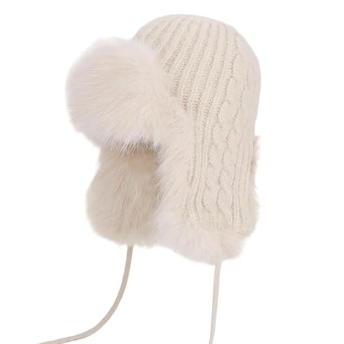 Women Winter Trapper Hat Ushanka Warm Sherpa Beanie Knit Ear Flap - color: Knitting Beige