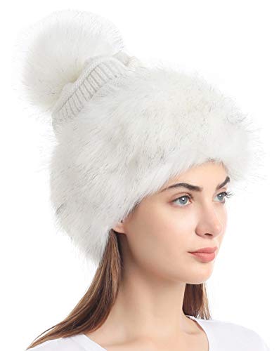 Soul Young Women's Faux Fur Hat Russian Cossack Knit Pompom Hat Ski Snow Cap for Winter Outdoor - color: White