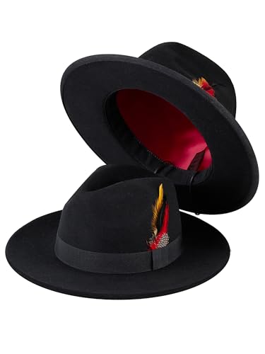 Fedora Hats for Women, Wool Felt Wide Brim Panama Style with Band, Adjustable Drawstring Fit, Dress Church Hat for Men - color: Black, size: 7 1/2