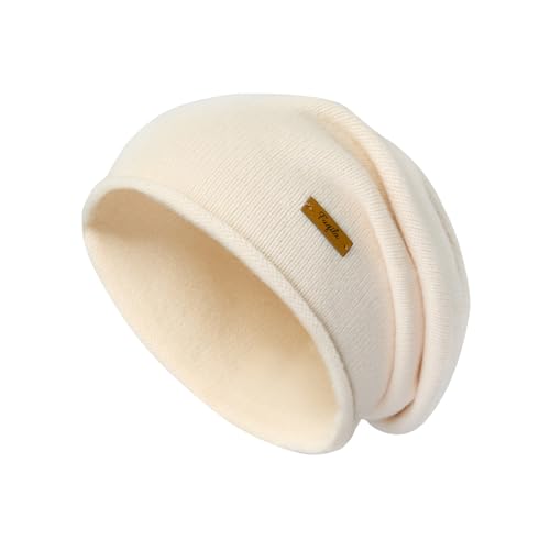 100% Merino Wool Slouchy Beanie Hat, Women Warm Winter Caps Soft, Ladies Breathable & Cozy Stretchy Knitted Skull Cap - color: Beige
