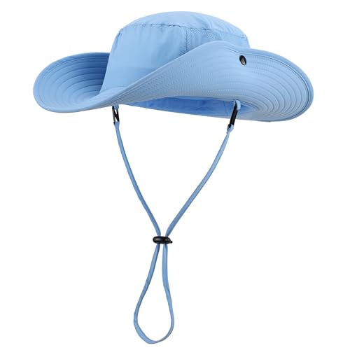 Home Prefer UPF50+ Mens Sun Hat Wide Brim Womens UV Protection Beach Bucket Hat for Fishing Hiking Snap Up Cowboy Hat - color: Light Blue