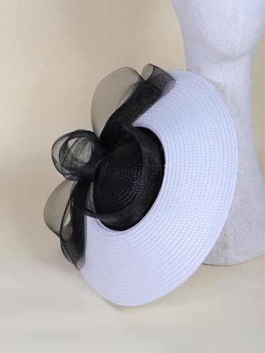 HIMESPORT Straw Cocktail Fascinators Hat for Women Ladies Wide Brim Church Wedding Bride Derby Tea Party Hats with Mesh Bow - color: White and Black