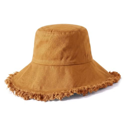 CHOK.LIDS Frayed Bucket Hat Washed Cotton Floppy Wide Brim Boonie Cap - color: Tan