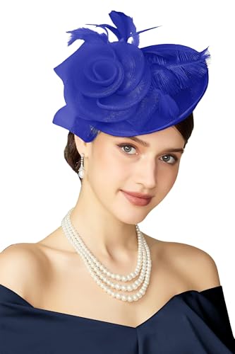 BABEYOND Fascinators Hats for Women Tea Party Mesh Flower Pillbox Derby Hat - color: Royal Blue