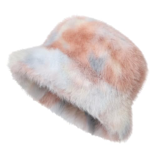 LA CARRIE Women's Fuzzy Wide Brim Faux Fur Bucket Hat Winter Fisherman Cap - color: Red Blue