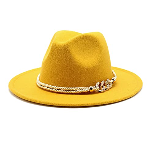 Lady Wide Brim Felt Fedora Panama Hat with Ring Belt - color: Yellow, size: Medium