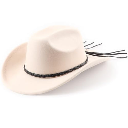 DRESHOW Western Cowboy Hat for Men Women Cowboy Cowgirl Hat Outdoor Wide Brim Retro Felt Fedora Hats Unisex Rolled up Caps - color: 1 Pack Style 8: Beige