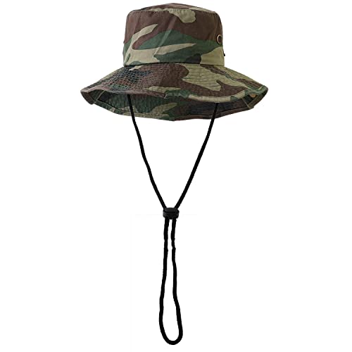 Wide Brim Hiking Fishing Safari Boonie Bucket Hats 100% Cotton UV Sun Protection for Men Women Outdoor Activities - color: Green Camouflage, size: Large-X-Large