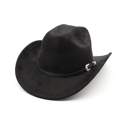 Western Cowboy Hat for Men Cowgirl Hat for Women Wide Brim Felt Fedora Hats Classic Cowboyhat with Buckle Belt - color: Black 02