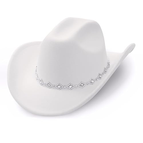 AQOKKA Western Cowboy Hat for Women Men Wide Brim Retro Felt Fedora Cowgirl Hats Classic Unisex Rolled up Caps Outdoor - color: White
