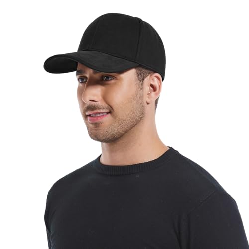 Men's Fitted Cap Winter Fleece Warm Full Closed Baseball Caps Curved Brim Blank Elastic Closed Back Hat K277N - color: Black, size: 7-7 1/4