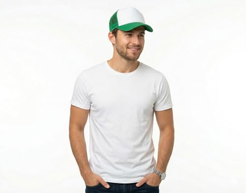 NYFASHION101 Plain Mesh Trucker Hat - Breathable 6-Panel Daily Snapback Cap, Customizable Ideal for DIY Embroidery & Patches - color: Kelly Green/White