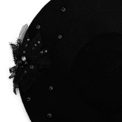 ZLYC Women French Beret Hat Reversible Solid Color Mosaic Warm Artist Cap - color: Bead Flower Black