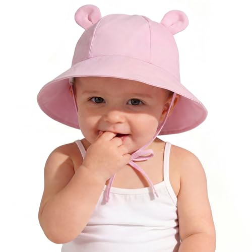 Zando Wide Brim Baby Sun Bucket Hat 0-4T UPF 50+ - Sun Protection Toddler Beach Hats with Bear Ears Infant Hat Adjustable - color: Light Pink, size: 6-12 Months
