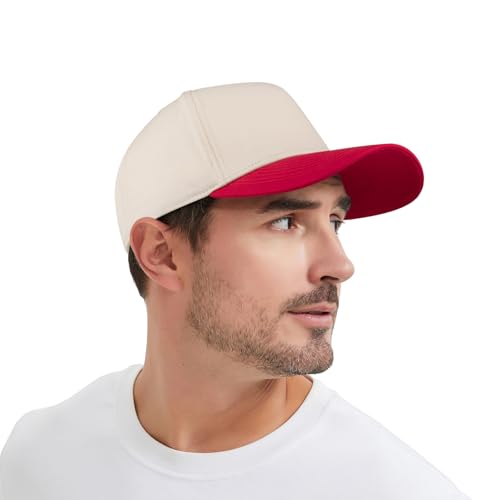TOPTIE 5 Panel Trucker Hat Snapback Adjustable Cotton Sun Cap for Men - color: Red Beige