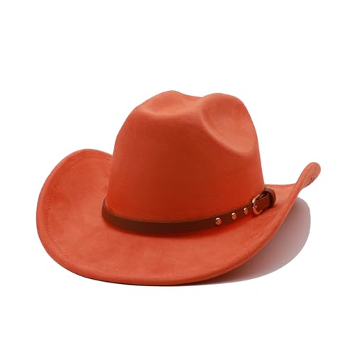 Western Cowboy Hat for Men Cowgirl Hat for Women Unisex Wide Brim Felt Fedora Hats Classic Flat Top Hats with Buckle Belt - color: B-orange