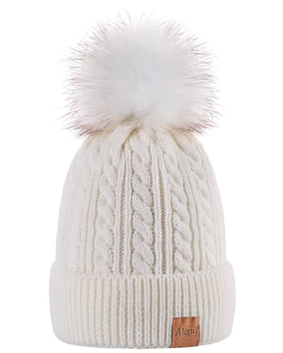 Alepo Womens Winter Beanie Hat, Warm Fleece Lined Knitted Soft Ski Cuff Cap with Pom Pom - color: White