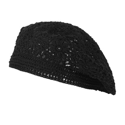 ZLYC Women Cotton Slouchy Crochet Beret Handmade Cutout Floral Beanie Hat - color: Plain Black