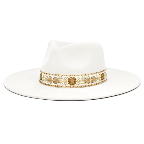 FLUFFY SENSE. Big Wide Brim Boho Western Hat for Women and Men - Felt Rancher Fedora Hat with 4 inches Flat Brim - color: Pure White, size: Medium