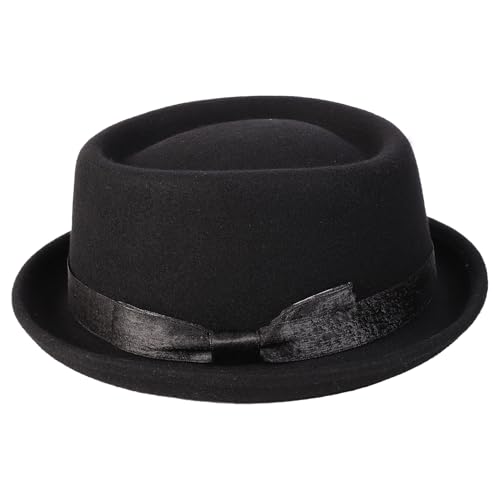 Wide Brim Pork Pie Hat 100% Wool Felt Hats Vintage Porkpie Derby Fedora - color: A Black, size: Medium