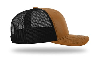 Richardson 112 Trucker Hat - Premium Blank Baseball Cap, Adjustable Snapback Hat - Structured Six Panel Richardson Blank Hats - color: Caramel/Black
