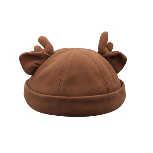 Beanie Hats for Women Men Brimless Skullcap Docker Cap with Reindeer Antlers Rolled Cuff Retro Adjustable Sailor Cap - color: Brick Red