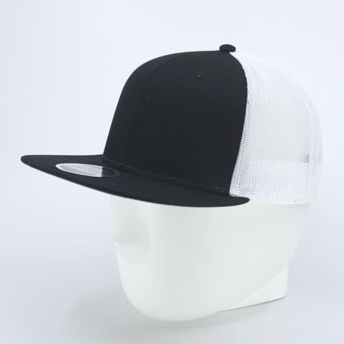 Plain Cotton Twill Flat Brim Mesh Adjustable Snapback Trucker Baseball Cap - color: Black/Black/White