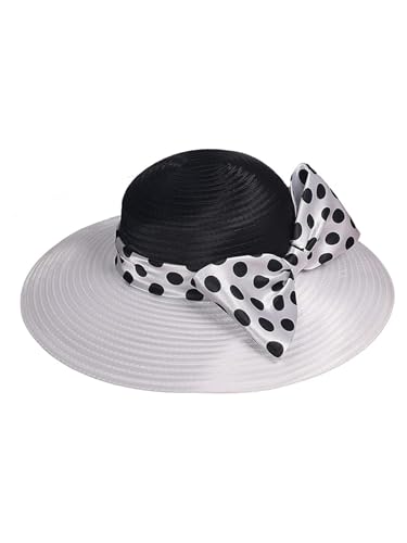 Women Wide Brim Rose Black Patchwork Kentucky Hat for Wedding Party Hat Big Bowknot Polka Dots Fedora Hats - color: Black White