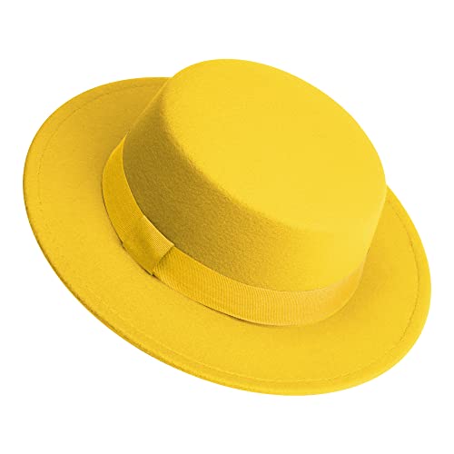Classic Fedora Hat Flat Top Hat Felt Pork Pie Hat Wide Brim Church Derby Cap for Women and Men - color: Yellow