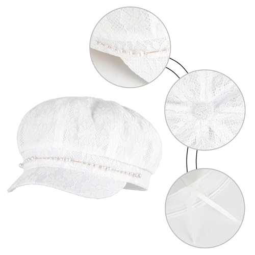 Women Pearl Chain Lace Cotton Blend Newsboy Cap Visor Paperboy Painter Hat - color: White