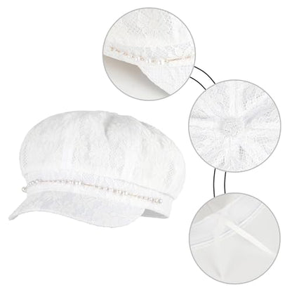 Women Pearl Chain Lace Cotton Blend Newsboy Cap Visor Paperboy Painter Hat - color: White