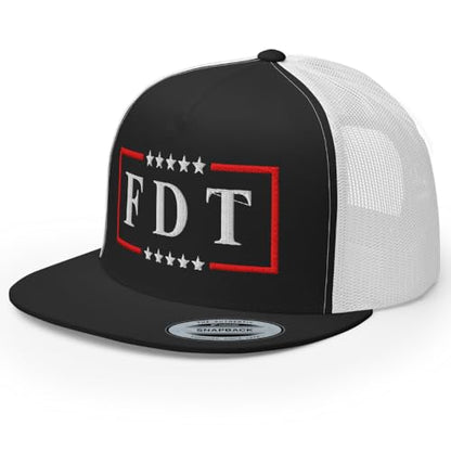 NX FDT Embroidered Flat Bill Trucker Hat High Crown Adjustable FDT Hat - color: Black/ White