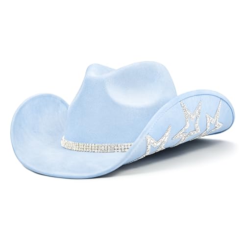 Keilin Rhinestone Cowgirl Hat Disco Cowboy Hat Felt Western Nashville Bachelorette Party Hat for Teens and Adults - color: Blue
