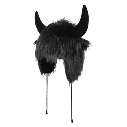 Winter Plush Hat with Horns Faux Fur Animal Trapper Hat Ox Ears Beanie for Halloween Xmas Carnival Cosplay - color: Black