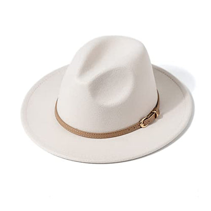 DRESHOW Women Classic Felt Fedora Wide Brim Floppy with Belt Buckle Panama Hat - color: 1 Pack: Creamy (Khaki Belt Buckle) a