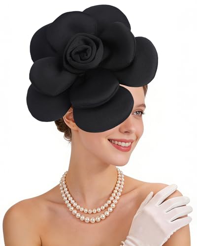 Zinniday Rose Flower Fascinators Hats - 2026 Elegant Extra Large Fascinator Hat Rose Cocktail Headpiece for Women Church - style: Black Large Flower