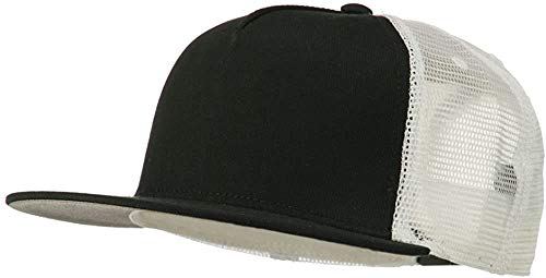 Ashen Fane 5 Panel Flat Visor Mesh Back Trucker Snapback Hat - color: Blk/Blk/Wht
