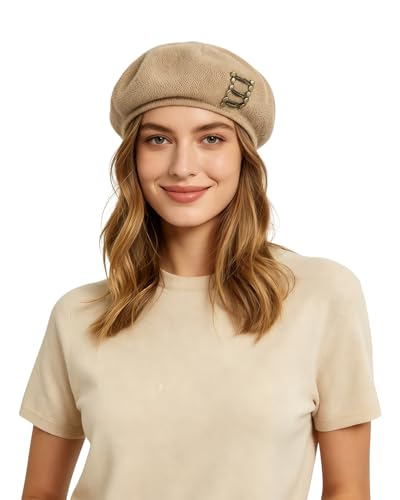 Women Beret Hat French Parisian Style Beanie Hats Vintage Painters Cap Artist Hat - color: Khaki+rivet