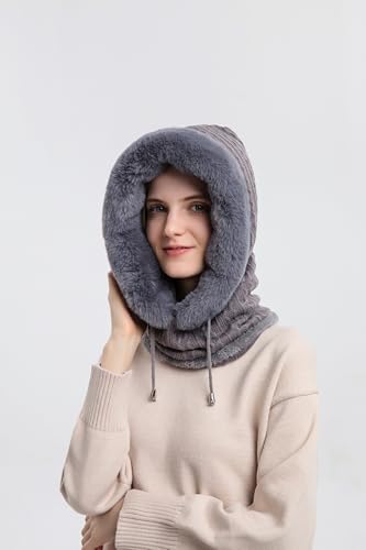 Womens Winter Hats, Warm Hooded Scarf Hat for Women, Fleece Beanie Hat with Drawstring, Balaclava Knit Skull Cap - color: Grey