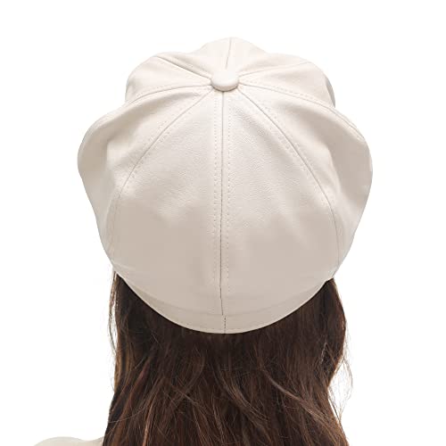 ZLYC Womens PU Leather Newsboy Caps Gatsby Cabbie Hat for Girls - color: Cream White, size: Medium