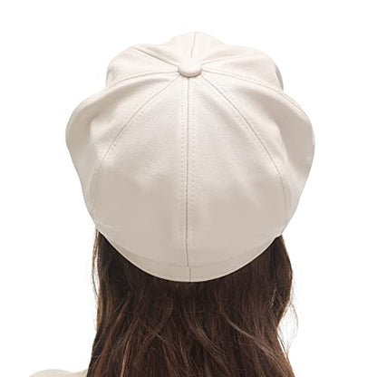 ZLYC Womens PU Leather Newsboy Caps Gatsby Cabbie Hat for Girls - color: Cream White, size: Medium
