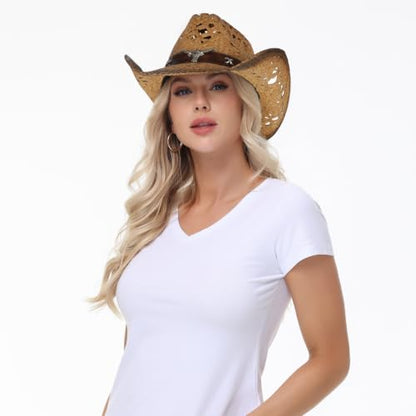 WQWOVRVO Cowboy Hat,Cowgirl Hat,Straw Cowboy Hats for Women/Men Wide with Shapeable Brim - color: Brown&caramel Color
