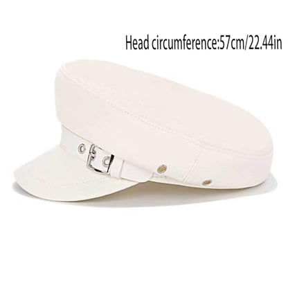Women's Yacht Captain Sailor Hat, PU Material Newsboy Hat, Stylish Biker Hat, Baker Boy Hat, Peaked Beret - color: White Leather Belt Style