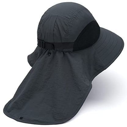 BASSDASH UPF 50+ Unisex Water Resistant Wide Brim Sun Hat with Large Neck Flap Ponytail Fishing Hat for Men Women - color: Dark Grey