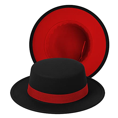 Classic Fedora Hat Two Tone Flat Top Hat with Band Wide Brim Pork Pie Hat Adjustable Patchwork Colors Panama Hat - color: Black-red|red Band