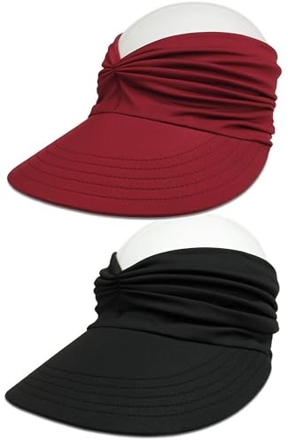 2 Pack Sun Visor Hat Wide Brim Womens Beach Hats Foldable Golf Women Visors - color: Black, Red