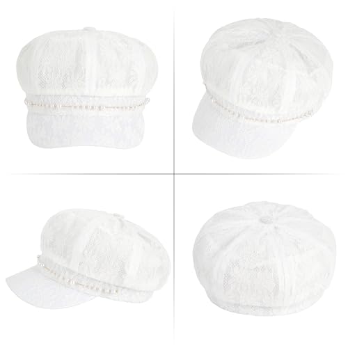 Women Pearl Chain Lace Cotton Blend Newsboy Cap Visor Paperboy Painter Hat - color: White