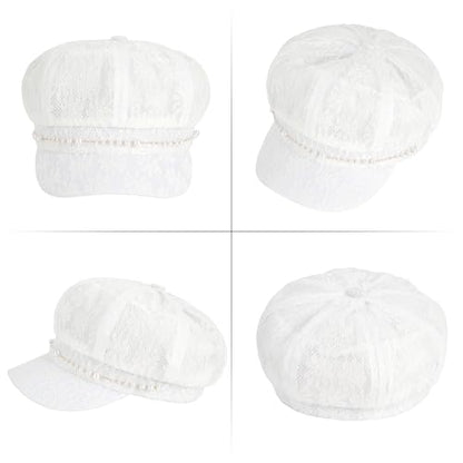 Women Pearl Chain Lace Cotton Blend Newsboy Cap Visor Paperboy Painter Hat - color: White