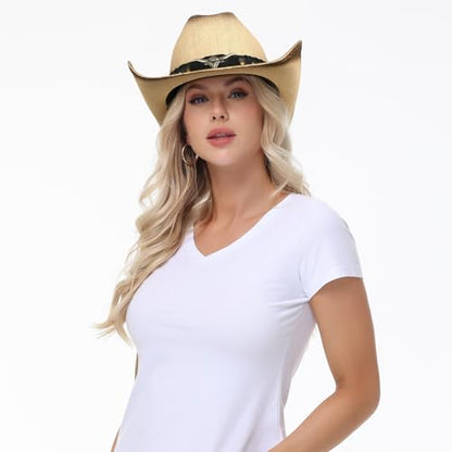 WQWOVRVO Cowboy Hat,Cowgirl hat,Brown Cowboy Hats for Women/Mens Straw Wide with Shapeable Brim Western Cowboy Hat for Womens - color: Beige & Coffee Color